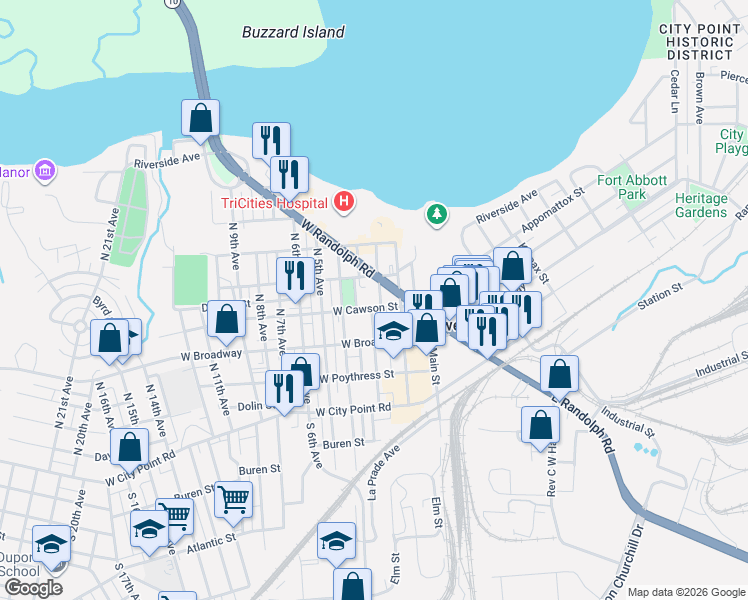 map of restaurants, bars, coffee shops, grocery stores, and more near 401 North 3 1/2 Avenue in Hopewell