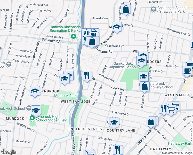 map of restaurants, bars, coffee shops, grocery stores, and more near 5191 Doyle Road in San Jose