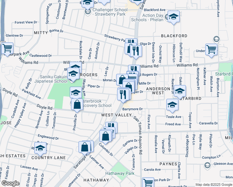 map of restaurants, bars, coffee shops, grocery stores, and more near 4425 Venice Way in San Jose