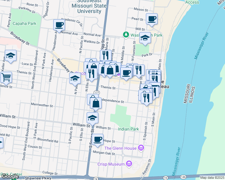 map of restaurants, bars, coffee shops, grocery stores, and more near 521 Themis Street in Cape Girardeau