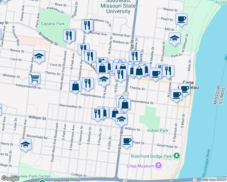map of restaurants, bars, coffee shops, grocery stores, and more near 27 North Ellis Street in Cape Girardeau
