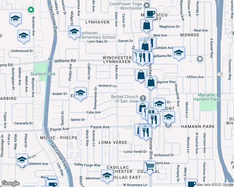 map of restaurants, bars, coffee shops, grocery stores, and more near 3241 Oriole Drive in San Jose