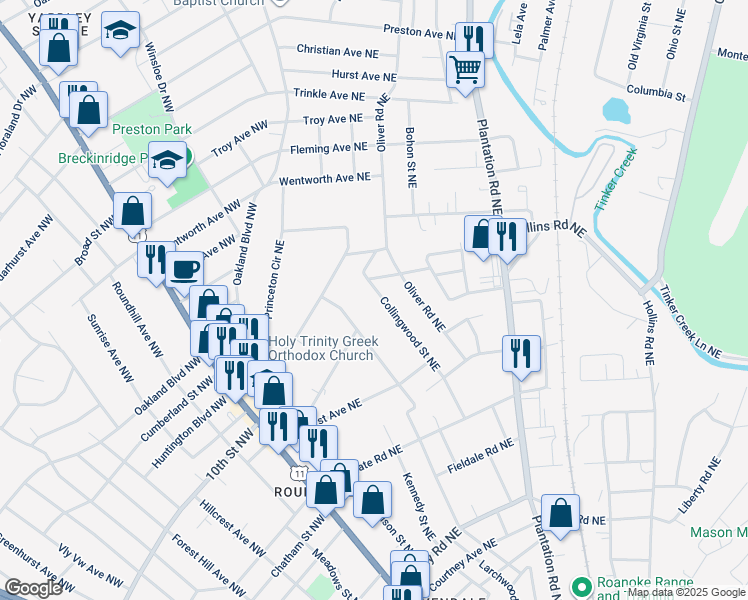map of restaurants, bars, coffee shops, grocery stores, and more near 3340 Collingwood Street Northeast in Roanoke