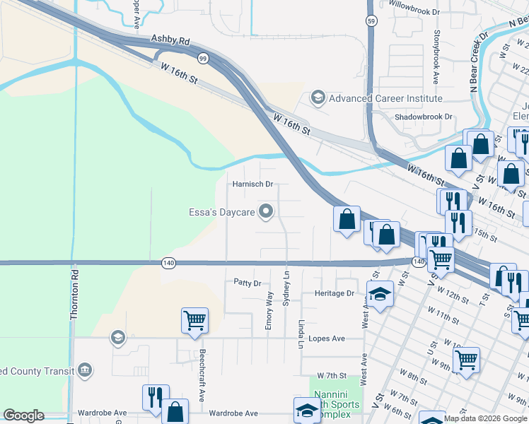 map of restaurants, bars, coffee shops, grocery stores, and more near 1937 Jurgensen Drive in Merced