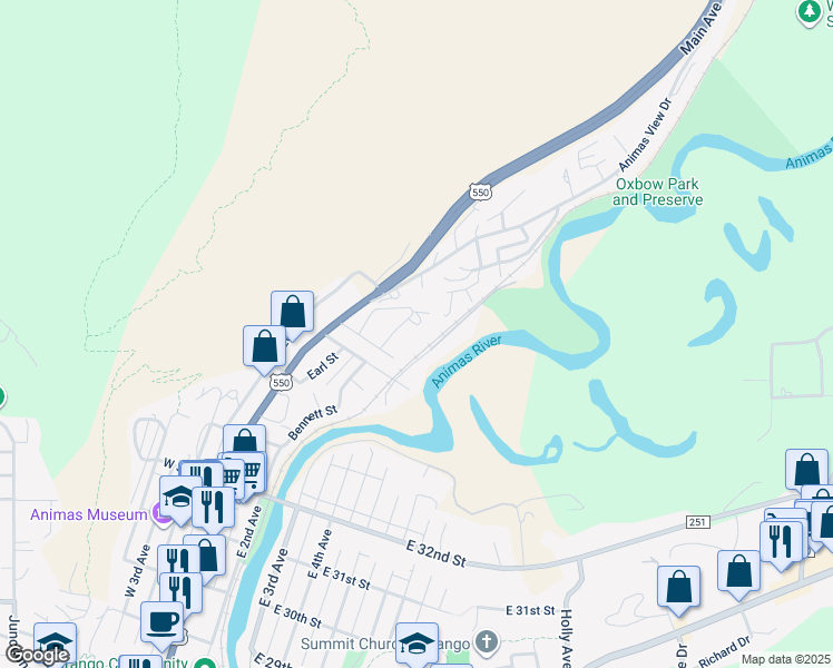 map of restaurants, bars, coffee shops, grocery stores, and more near 3730 South Bennett Street in Durango