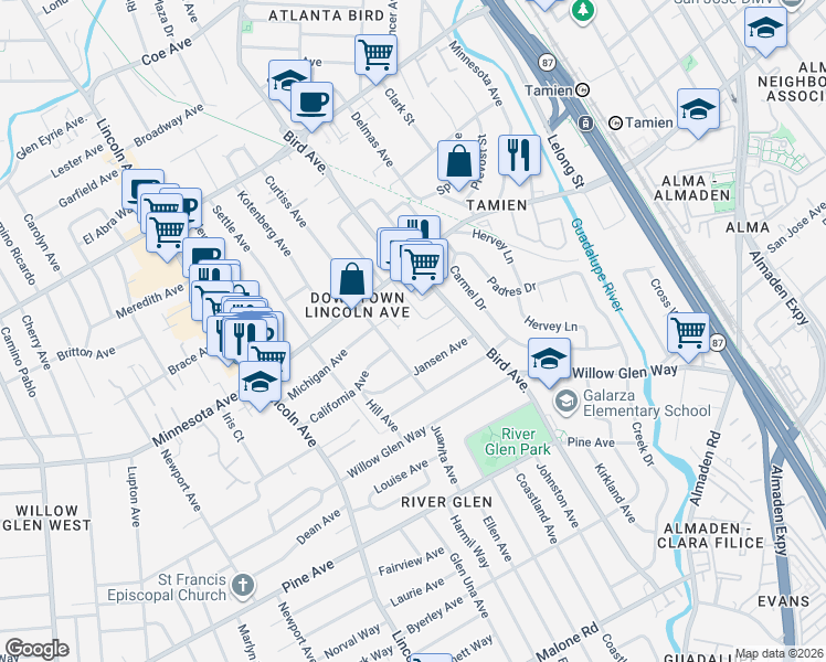 map of restaurants, bars, coffee shops, grocery stores, and more near 877 Buchser Way in San Jose