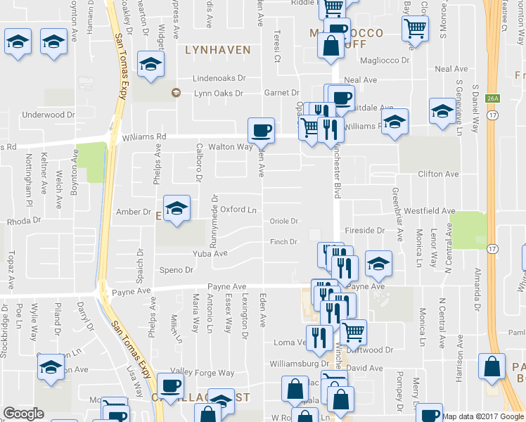 map of restaurants, bars, coffee shops, grocery stores, and more near 3241 Oriole Drive in San Jose