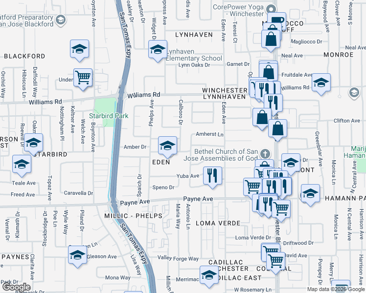 map of restaurants, bars, coffee shops, grocery stores, and more near 1160 Runnymede Drive in San Jose