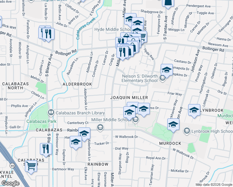 map of restaurants, bars, coffee shops, grocery stores, and more near 1113 White Cliff Drive in San Jose