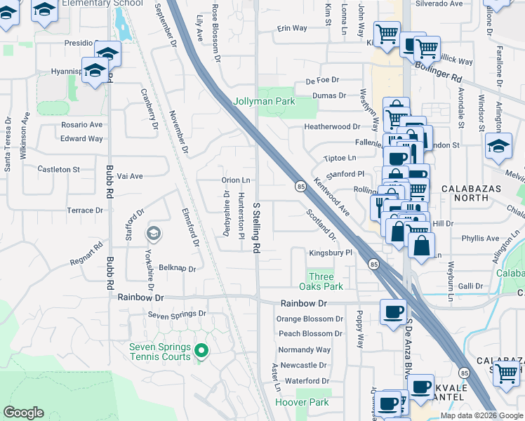map of restaurants, bars, coffee shops, grocery stores, and more near 1121 South Stelling Road in Cupertino