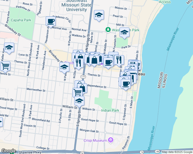 map of restaurants, bars, coffee shops, grocery stores, and more near 511 Themis Street in Cape Girardeau