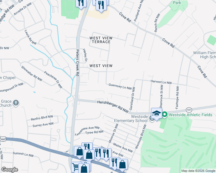 map of restaurants, bars, coffee shops, grocery stores, and more near 4142 Guernsey Lane Northwest in Roanoke
