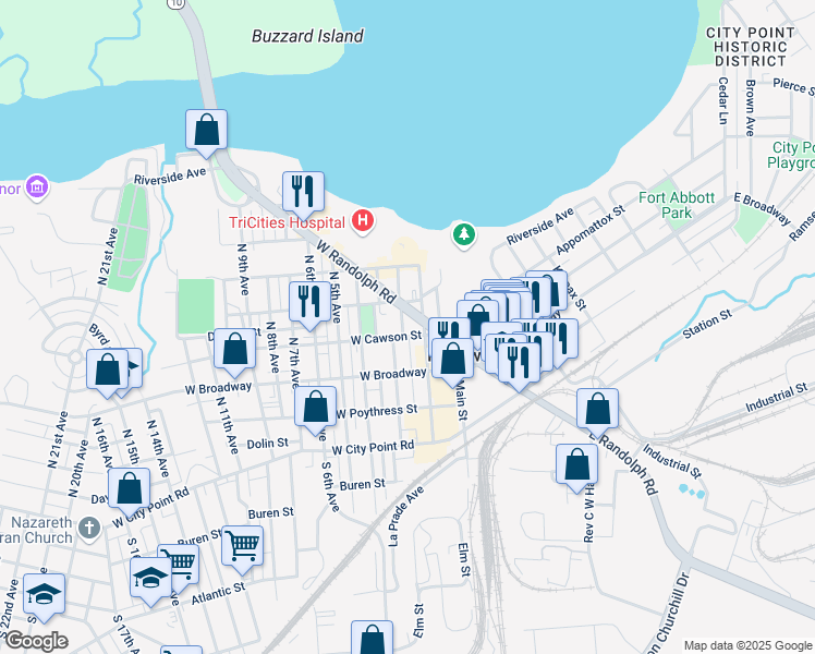 map of restaurants, bars, coffee shops, grocery stores, and more near 403 North 3rd Avenue in Hopewell