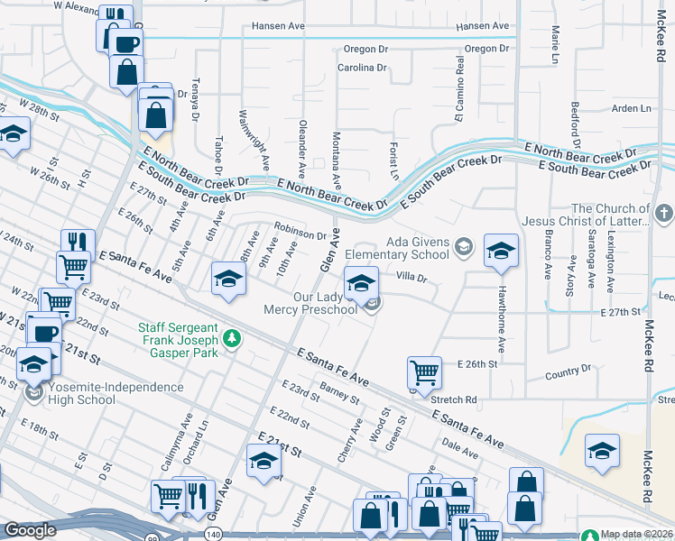 map of restaurants, bars, coffee shops, grocery stores, and more near 2696 Glen Avenue in Merced