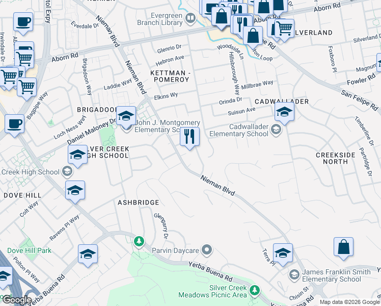 map of restaurants, bars, coffee shops, grocery stores, and more near 2224 Golden Dew Circle in San Jose