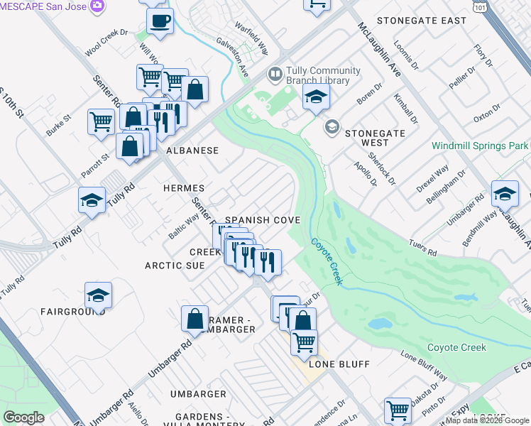 map of restaurants, bars, coffee shops, grocery stores, and more near 2600 Senter Road in San Jose