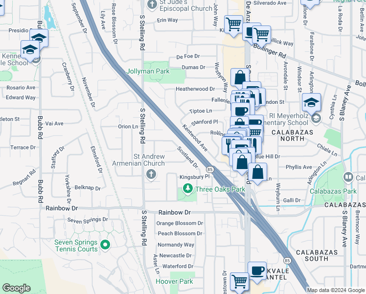 map of restaurants, bars, coffee shops, grocery stores, and more near 1122 Scotland Drive in Cupertino