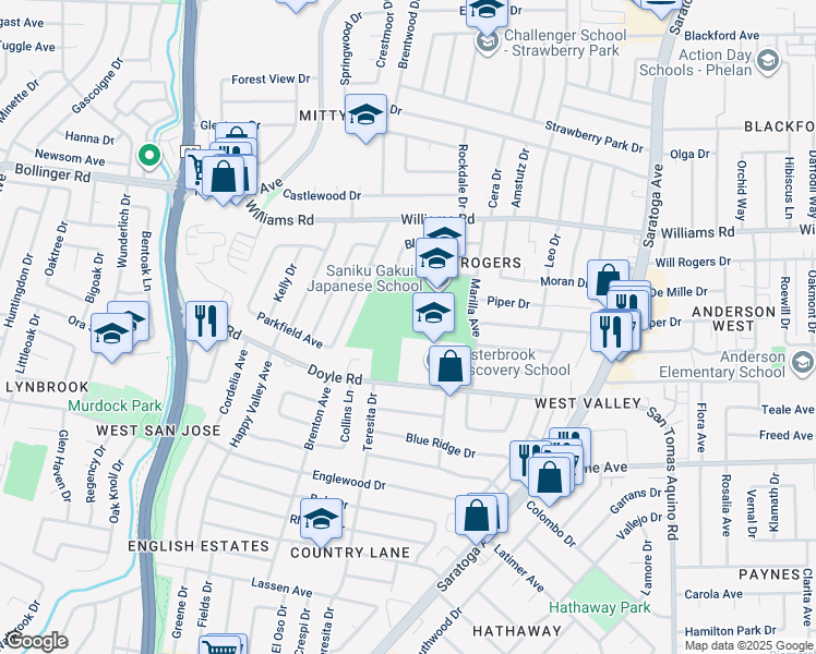 map of restaurants, bars, coffee shops, grocery stores, and more near Saratoga Avenue in San Jose