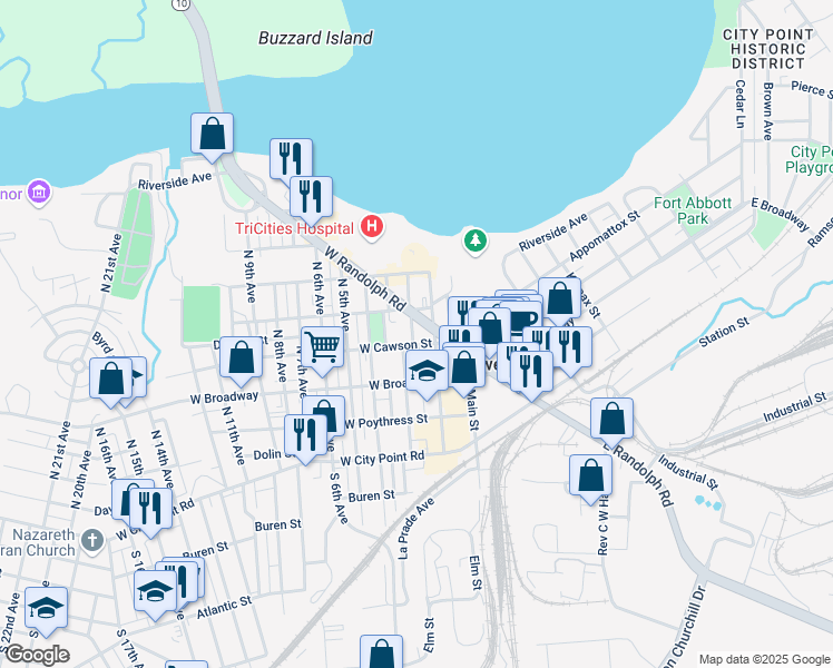 map of restaurants, bars, coffee shops, grocery stores, and more near 403 North 3rd Avenue in Hopewell
