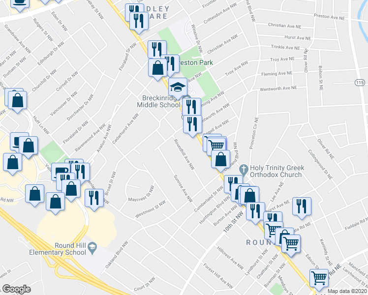 map of restaurants, bars, coffee shops, grocery stores, and more near 3727 Roundhill Avenue Northwest in Roanoke