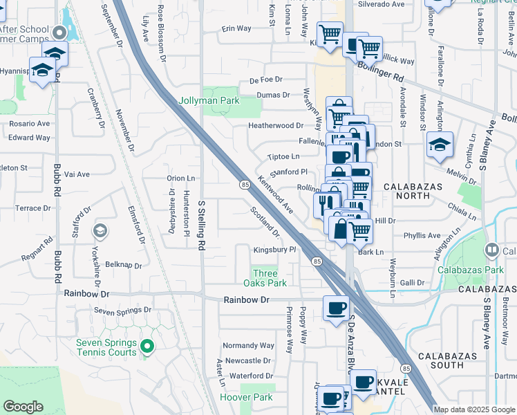 map of restaurants, bars, coffee shops, grocery stores, and more near 1122 Scotland Drive in Cupertino