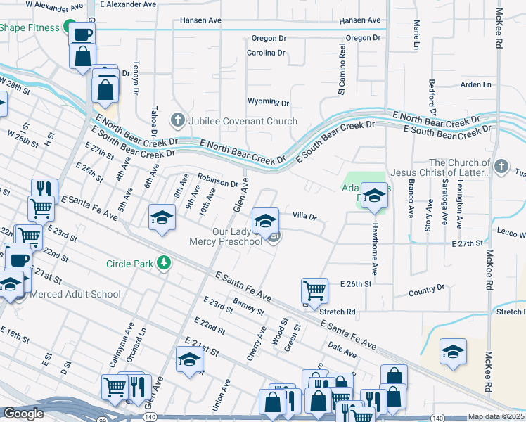 map of restaurants, bars, coffee shops, grocery stores, and more near 2727 Midge Avenue in Merced