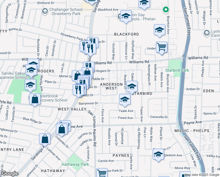 map of restaurants, bars, coffee shops, grocery stores, and more near 1175 Ranchero Way in San Jose