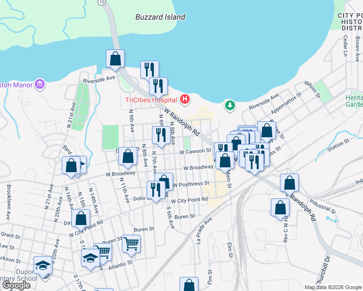 map of restaurants, bars, coffee shops, grocery stores, and more near 403 North 5th Avenue in Hopewell
