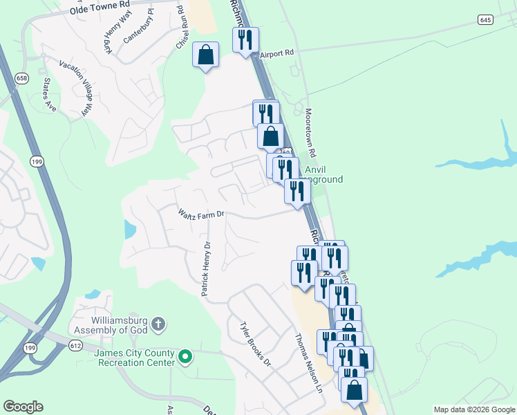 map of restaurants, bars, coffee shops, grocery stores, and more near 290 Patriot Lane in Williamsburg