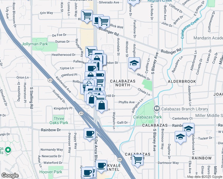 map of restaurants, bars, coffee shops, grocery stores, and more near 1111 Weyburn Lane in San Jose