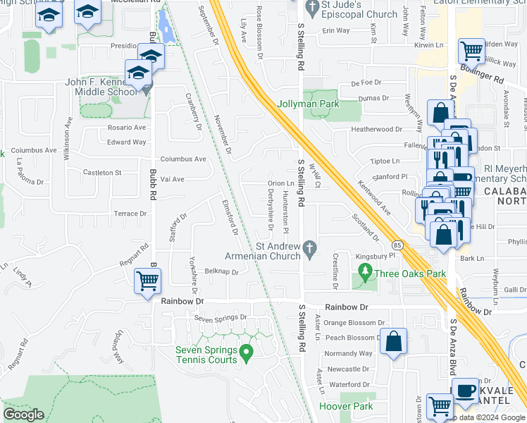 map of restaurants, bars, coffee shops, grocery stores, and more near 1122 Milky Way in Cupertino