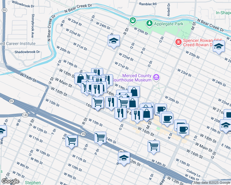 map of restaurants, bars, coffee shops, grocery stores, and more near 909 West 18th Street in Merced