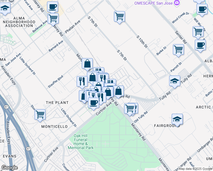 map of restaurants, bars, coffee shops, grocery stores, and more near 2055 Monterey Road in San Jose