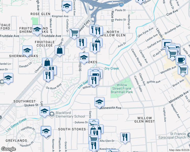 map of restaurants, bars, coffee shops, grocery stores, and more near 1035 Meridian Avenue in San Jose