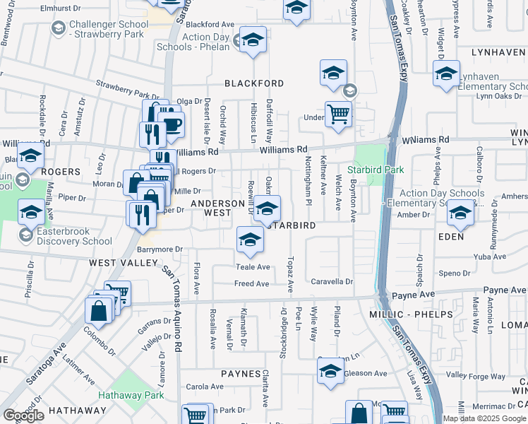 map of restaurants, bars, coffee shops, grocery stores, and more near 1134 Oakmont Drive in San Jose