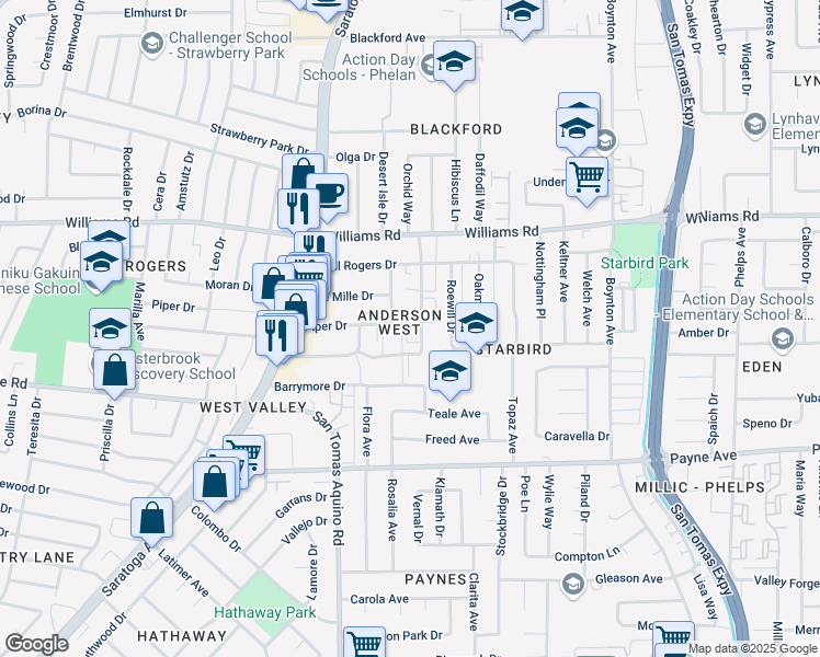map of restaurants, bars, coffee shops, grocery stores, and more near 1125 Ranchero Way in San Jose