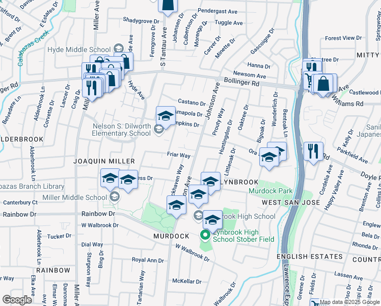 map of restaurants, bars, coffee shops, grocery stores, and more near 1147 Johnson Avenue in San Jose