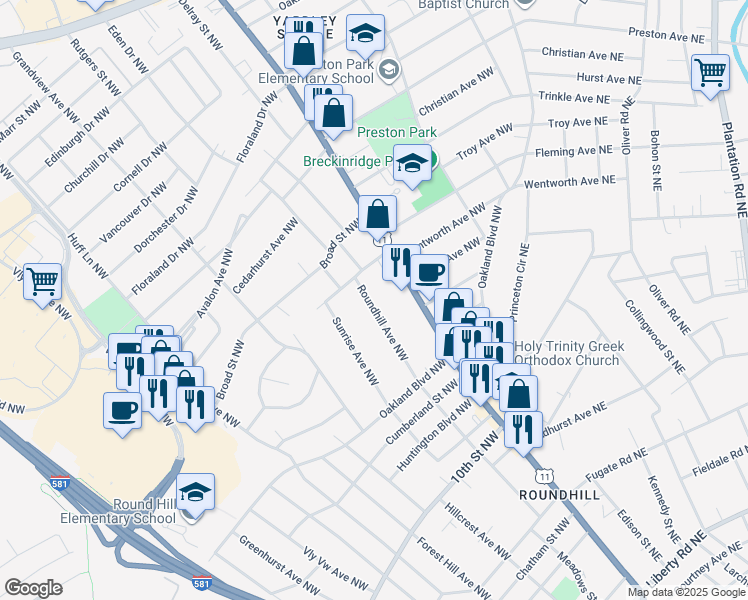 map of restaurants, bars, coffee shops, grocery stores, and more near 3734 Roundhill Avenue Northwest in Roanoke