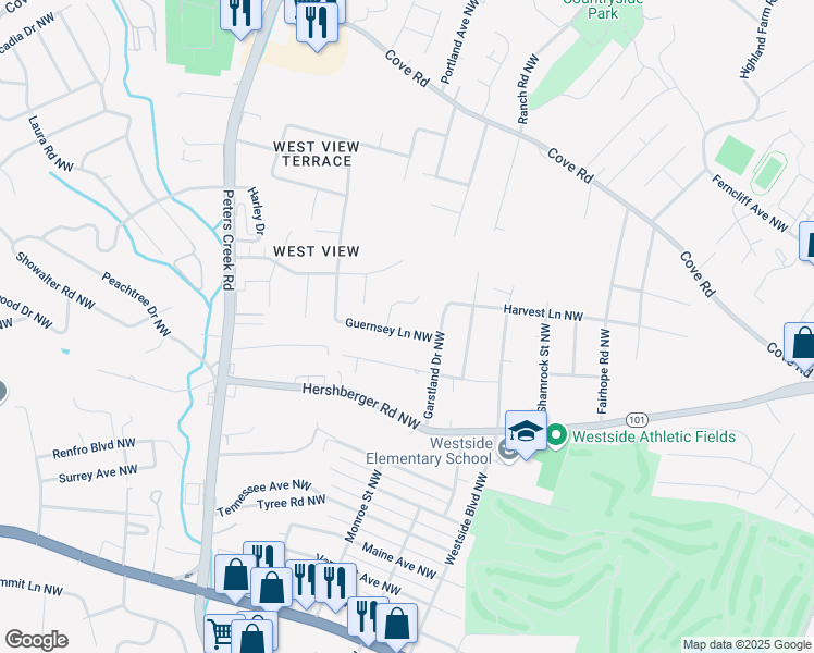 map of restaurants, bars, coffee shops, grocery stores, and more near 4018 Guernsey Ln NW in Roanoke
