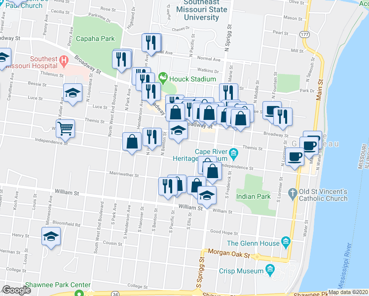 map of restaurants, bars, coffee shops, grocery stores, and more near 21 North Ellis Street in Cape Girardeau