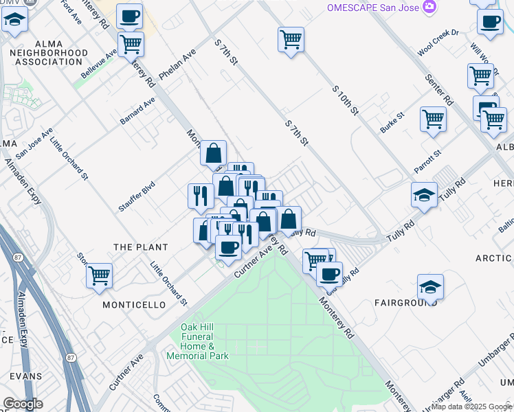 map of restaurants, bars, coffee shops, grocery stores, and more near 2122 Monterey Highway in San Jose