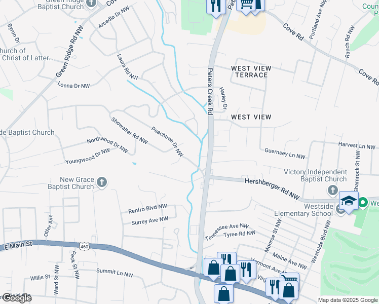 map of restaurants, bars, coffee shops, grocery stores, and more near 4519 Peach Tree Drive Northwest in Roanoke