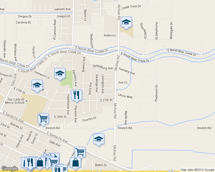 map of restaurants, bars, coffee shops, grocery stores, and more near 2133 Bennington Court in Merced