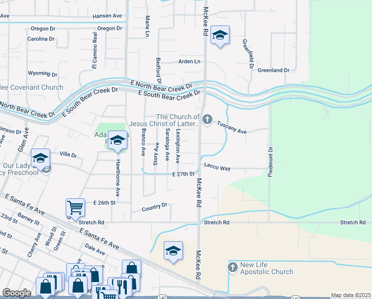 map of restaurants, bars, coffee shops, grocery stores, and more near 2133 Bennington Court in Merced