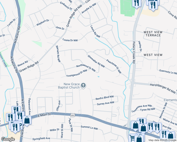 map of restaurants, bars, coffee shops, grocery stores, and more near 5010 Youngwood Drive Northwest in Roanoke