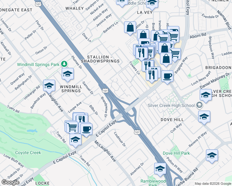 map of restaurants, bars, coffee shops, grocery stores, and more near 3218 Shadow Springs Place in San Jose