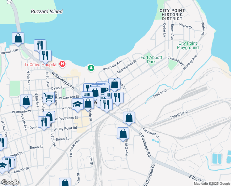 map of restaurants, bars, coffee shops, grocery stores, and more near 312 East Broadway Avenue in Hopewell