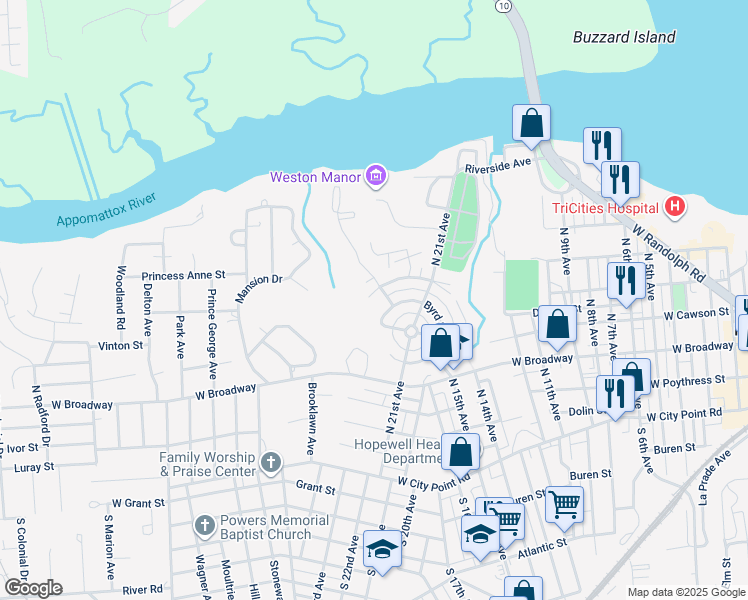 map of restaurants, bars, coffee shops, grocery stores, and more near 321 Woodbine Street in Hopewell