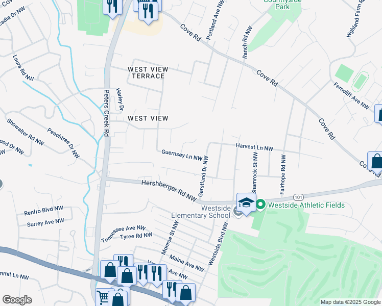 map of restaurants, bars, coffee shops, grocery stores, and more near 4018 Guernsey Ln NW in Roanoke