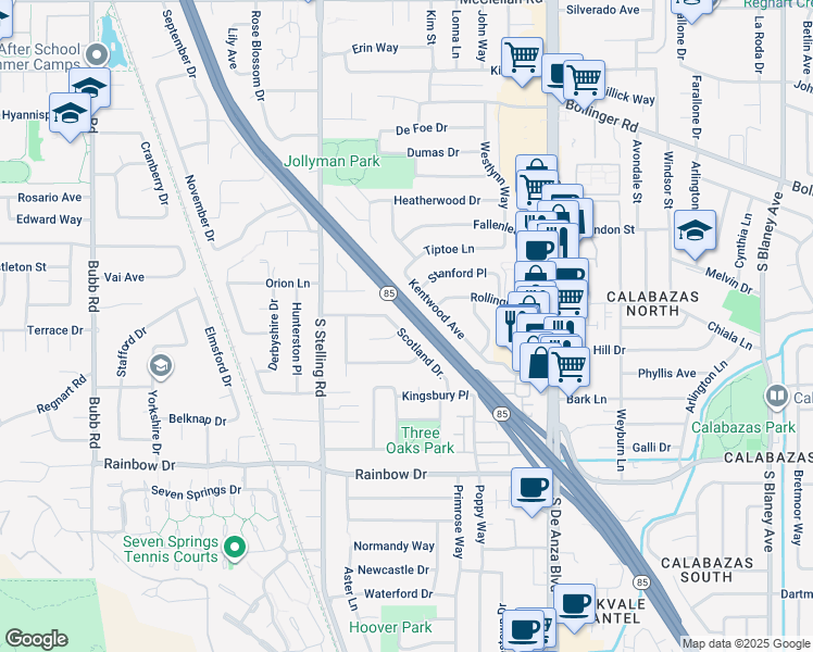 map of restaurants, bars, coffee shops, grocery stores, and more near 1118 Scotland Drive in Cupertino